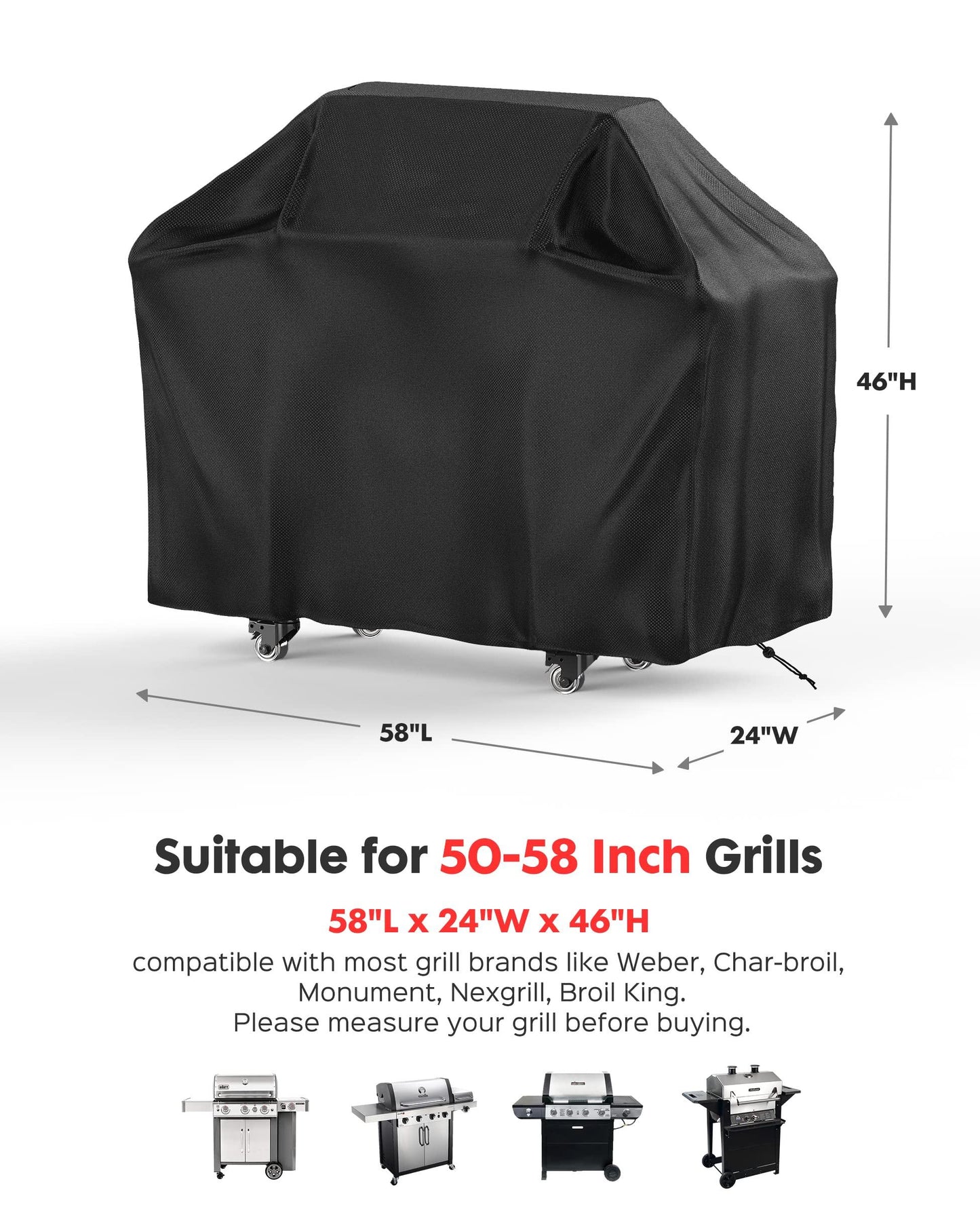 BBQ Grill Cover 58inch, EpicMelody Weather-Resistant Grill Cover for Outdoor Grill, Waterproof Barbecue Cover with Adjustable Drawstring, Rip-Proof Gas Grill Cover for Weber Nexgrill Grills and More - CookCave