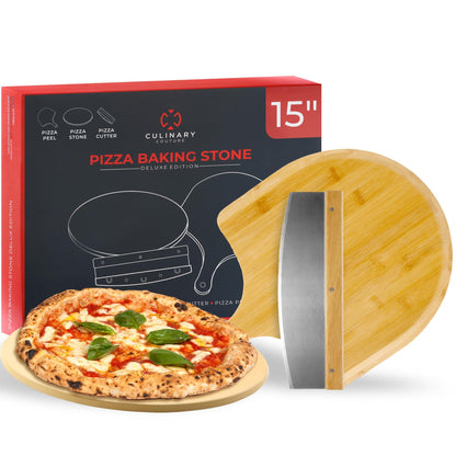 Culinary Couture Deluxe Kit 15" Round Pizza Stone for Oven and Grill - Cordierite Pizza Stone for Bread, Calzone, Cookies - Oven and Grill Pizza Stone for Outdoor Grill, Stone Pizza Pan for Oven - CookCave
