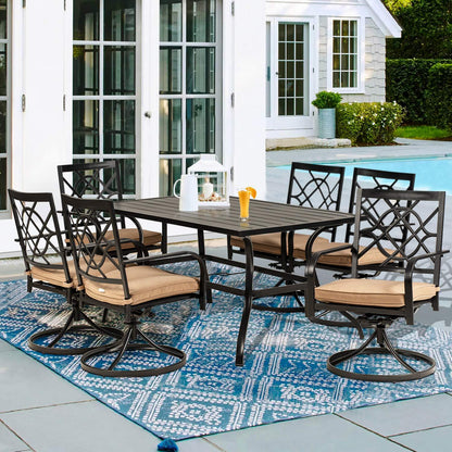 Patiomore 7 Piece Patio Dining Set Outdoor Furniture Set, Rectangular Metal Slatted Dining Table with Umbrella Hole & 6 Swivel Dining Chairs for Garden Lawn Yard - CookCave