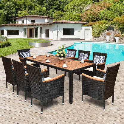 Tangkula 9 Piece Outdoor Dining Set, Garden Patio Wicker Set w/Cushions, Furniture with Acacia Wood Table and Stackable Armrest Chairs - CookCave