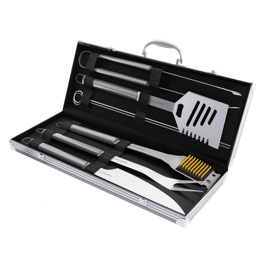 Home-Complete HC-1005 Barbecue, Includes Spatula, Tongs, Basting Brush 7-Piece Stainless Steel Cooking Utensils Set-BBQ Grill Accessories with Aluminum Storage Case, Silver - CookCave