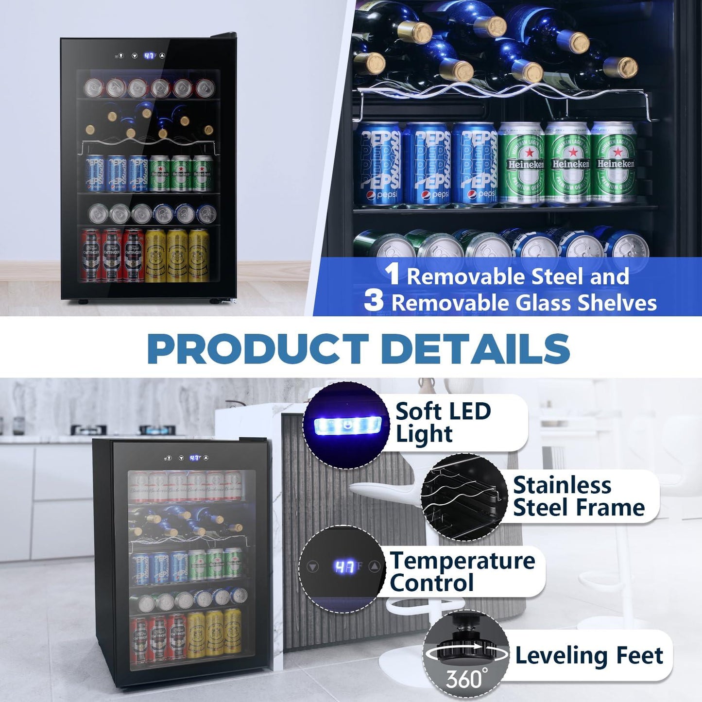 Joy Pebble Beverage Refrigerator Cooler,145 Can Mini Fridge with Glass Door for Beer Soda Wine, Small Drink Fridge with Adjustable Thermostat, Beverage Fridge for Bar Home Office,4.4Cu.Ft, Black - CookCave