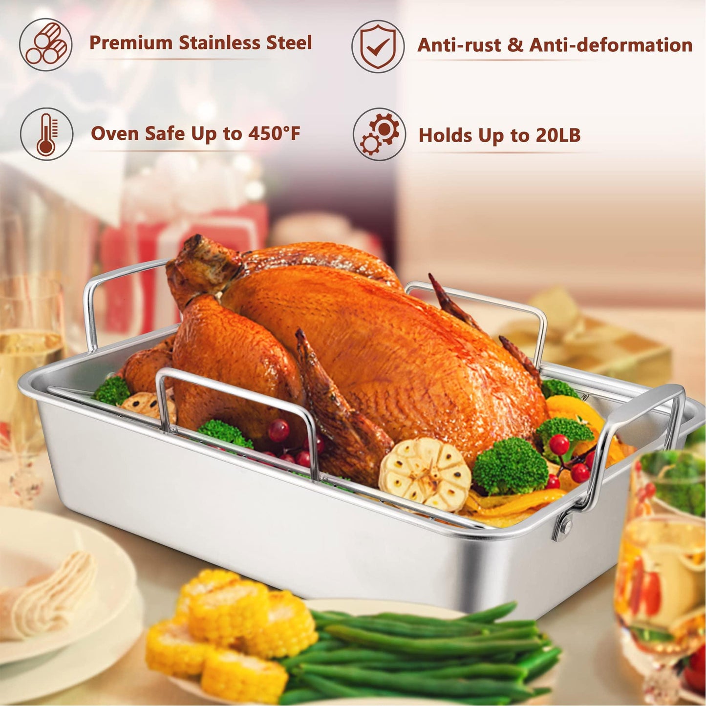 LIANYU Roasting Pan with Rack, 15 Inch Stainless Steel Turkey Roaster Pan with V-Shaped Rack and Baking Rack, Heavy Duty Roaster Pot for Turkey, Chicken, Vegetable, Lasagna, Dishwasher Safe - CookCave