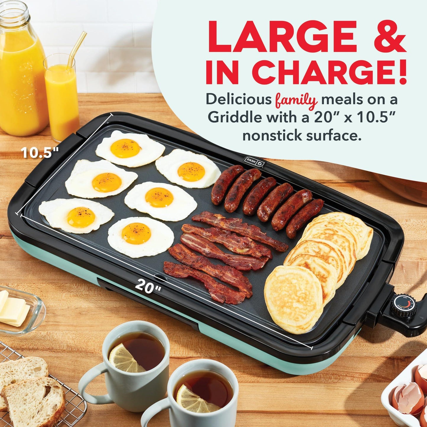 DASH Deluxe Everyday Electric Griddle with Dishwasher Safe Removable Nonstick Cooking Plate for Pancakes, Burgers, Eggs and more, Includes Drip Tray + Recipe Book, 20” x 10.5”, 1500-Watt - Aqua - CookCave