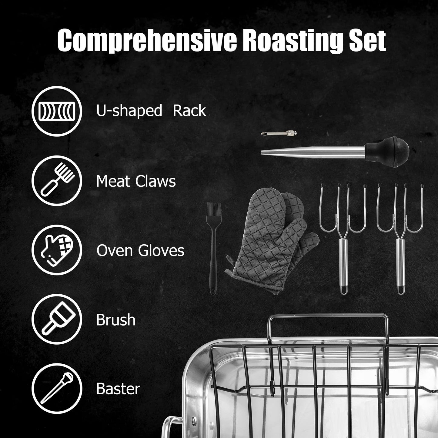 Kaiihome Roasting Pan with Nonstick Rack - 16 inch Stainless Steel Rectangular Turkey Pan with Non-stick U-Shaped Rack, Turkey Roaster Pan for Thanksgiving Party - CookCave