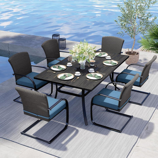 Grand patio Outdoor Dining Table Set of 7, Modern Woodgrain-Look Steel Table with Umbrellas Holes&C-Spring Motion Wicker Chairs for 6, Patio Furniture for Garden (Peacock Blue, Rectangular) - CookCave