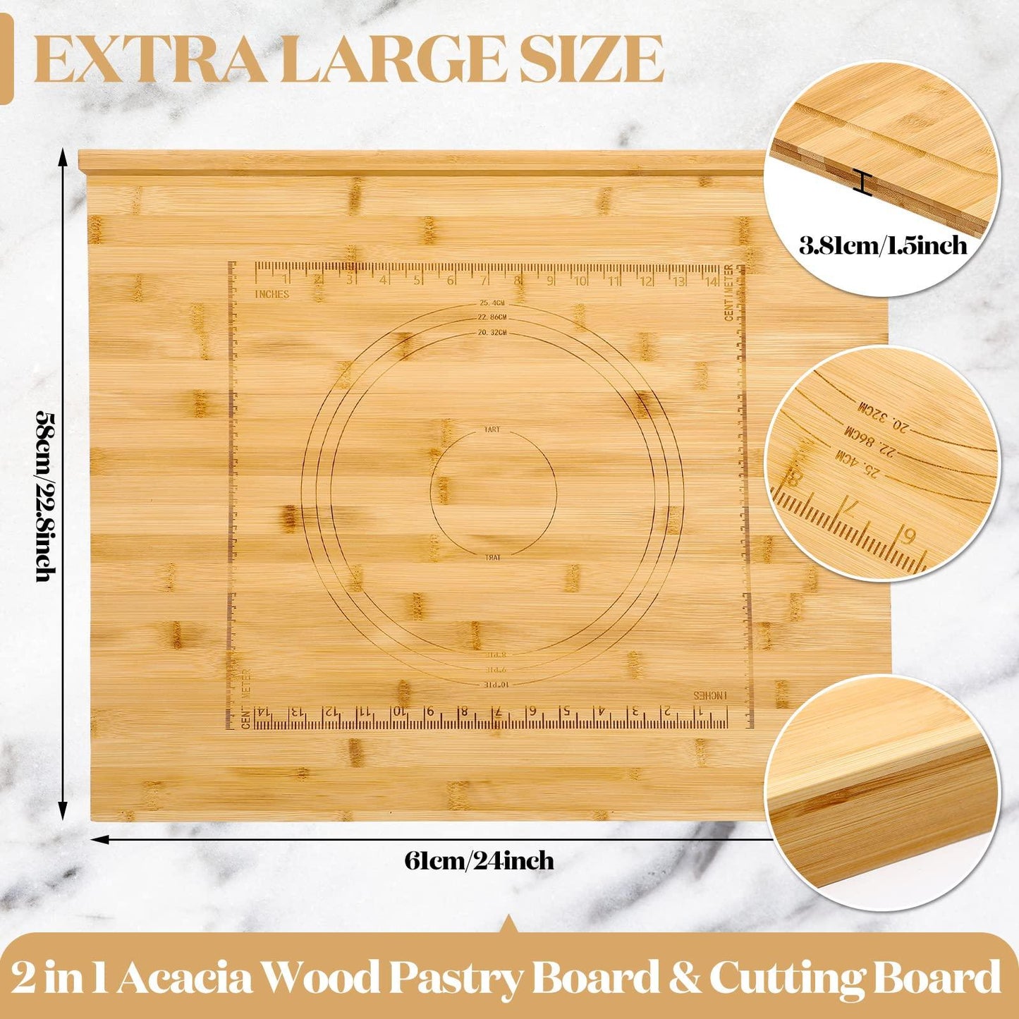 Vesici Reversible Pastry Board with Lip for Rolling Dough Large Wooden Cutting Board Chopping Board Kneading Board with Engraved Measurements for Counter Table Top Kitchen(24 x 22.8 x 1.5 Inch, Wood) - CookCave