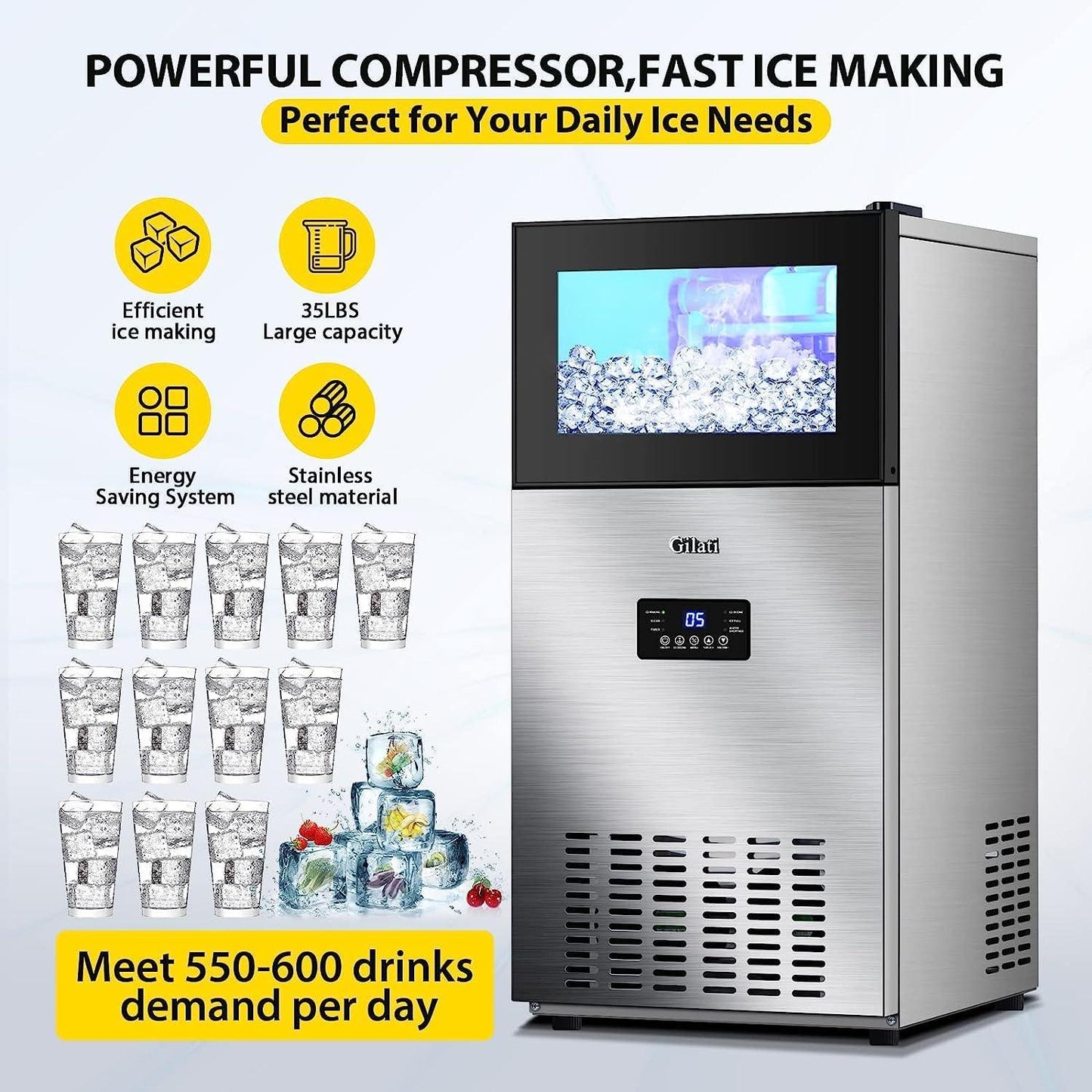 Upgraded Commercial Ice Maker Machine 160LBS/24H with 35LBS Storage Bin, 15Inch Wide Ready 11-20 Mins Under Counter/Freestanding Stainless Steel Large Ice Machine - CookCave