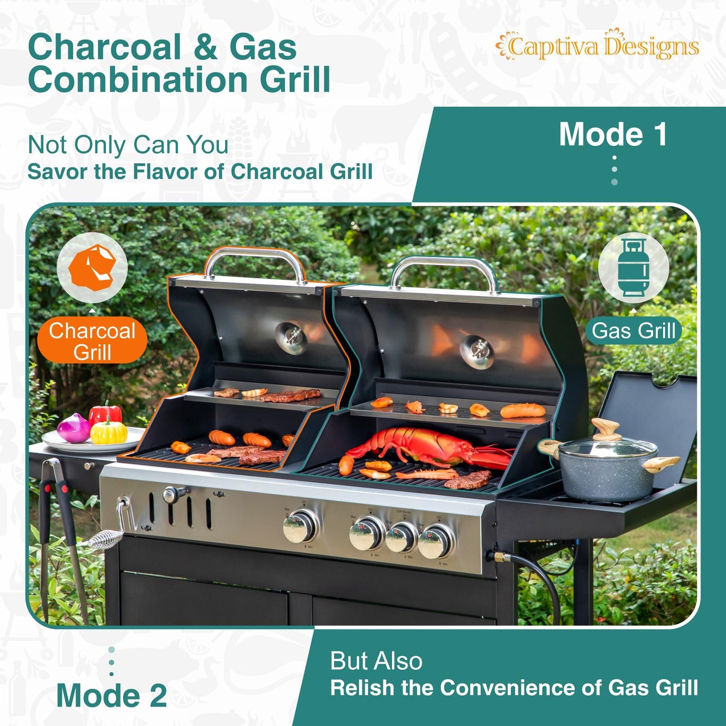 Captiva Designs Propane Gas Grill and Charcoal Grill Combo with Side Burner & Porcelain-Enameled Cast Iron Grate, Dual Fuel BBQ Grill for Outdoor Kitchen & Backyard Barbecue, 690 SQIN Cooking Area - CookCave