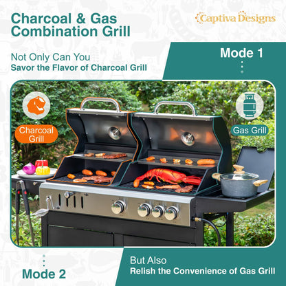 Captiva Designs Propane Gas Grill and Charcoal Grill Combo with Side Burner & Porcelain-Enameled Cast Iron Grate, Dual Fuel BBQ Grill for Outdoor Kitchen & Backyard Barbecue, 690 SQIN Cooking Area - CookCave