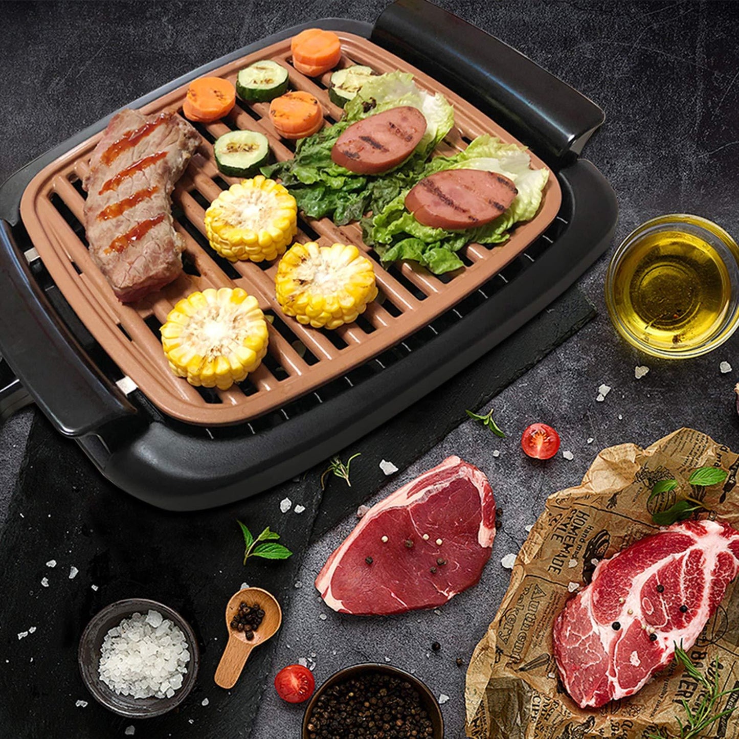 Nonstick Electric Indoor Smokeless Grill - Portable BBQ Grills with Recipes, Fast Heating, Adjustable Thermostat, Easy to Clean, 21" X 11" Tabletop Square Grill with Oil Drip Pan, Black - CookCave