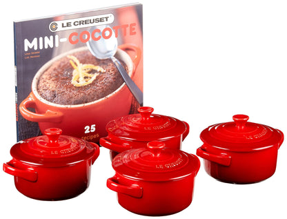 Le Creuset Stoneware Set of 4 Mini Cocottes with Cookbook, 8 oz. each, Cerise - CookCave