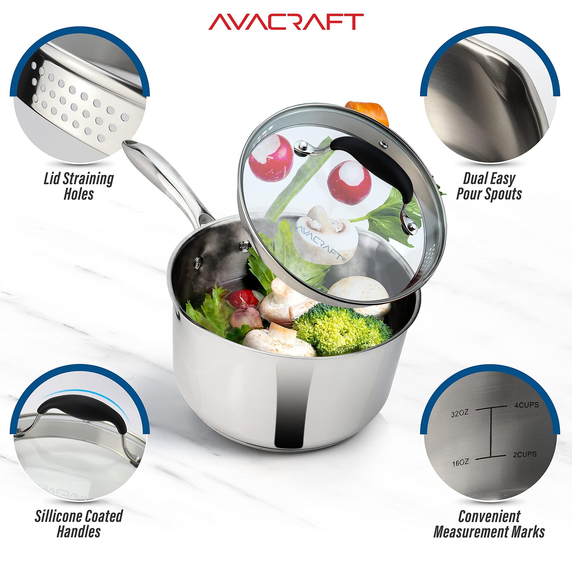 AVACRAFT Multipurpose Sauce Pan / Pot, Stainless Steel with Glass Strainer Lid, Two Side Spouts for Easy Pour with Ergonomic Handle (Tri-Ply Capsule Bottom, 1.5 Quart) - CookCave