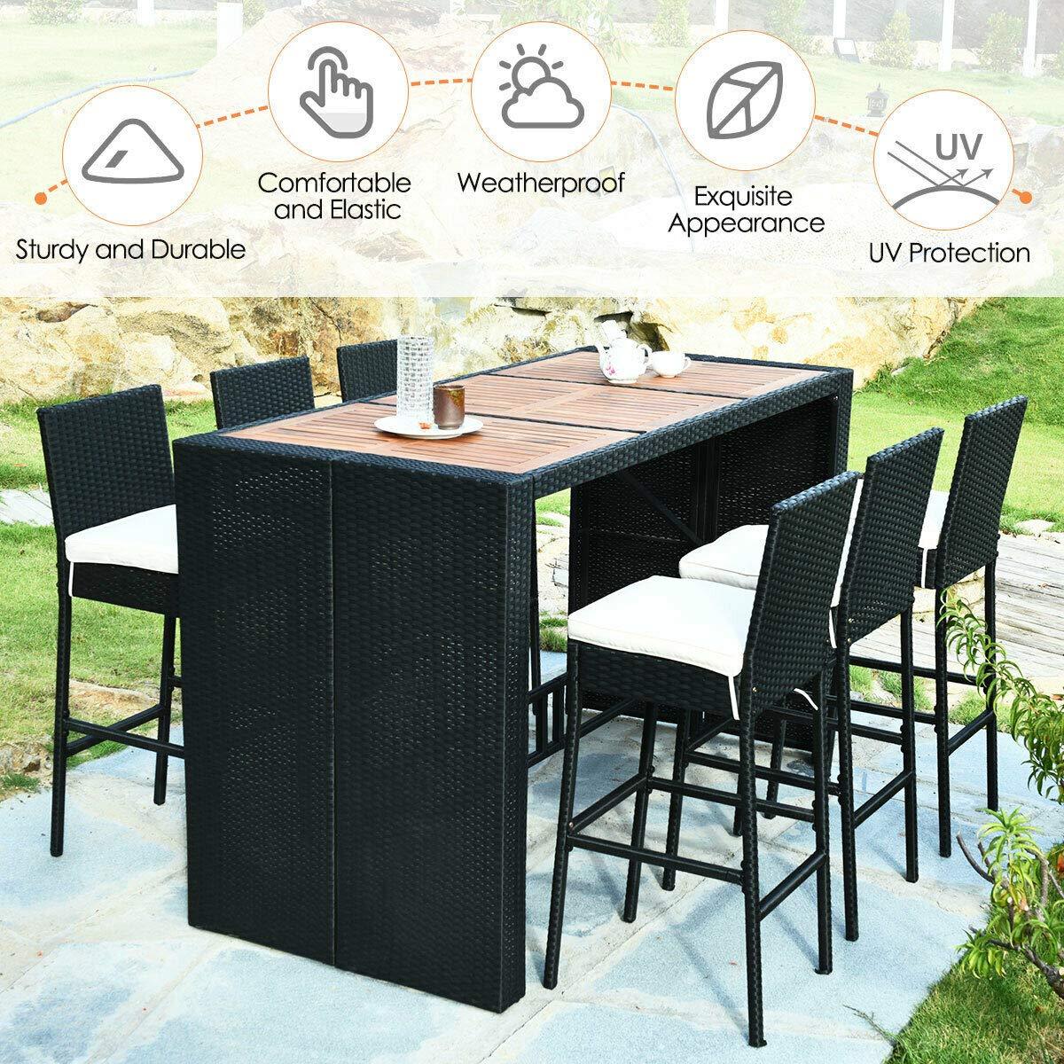 Tangkula 7 PCS Outdoor Wicker Furniture with Acacia Wood Bar Table Top and Removable Cushion, Conversation Set for Dining, Patios, Backyards, Porches, Gardens and Poolside (Black) - CookCave