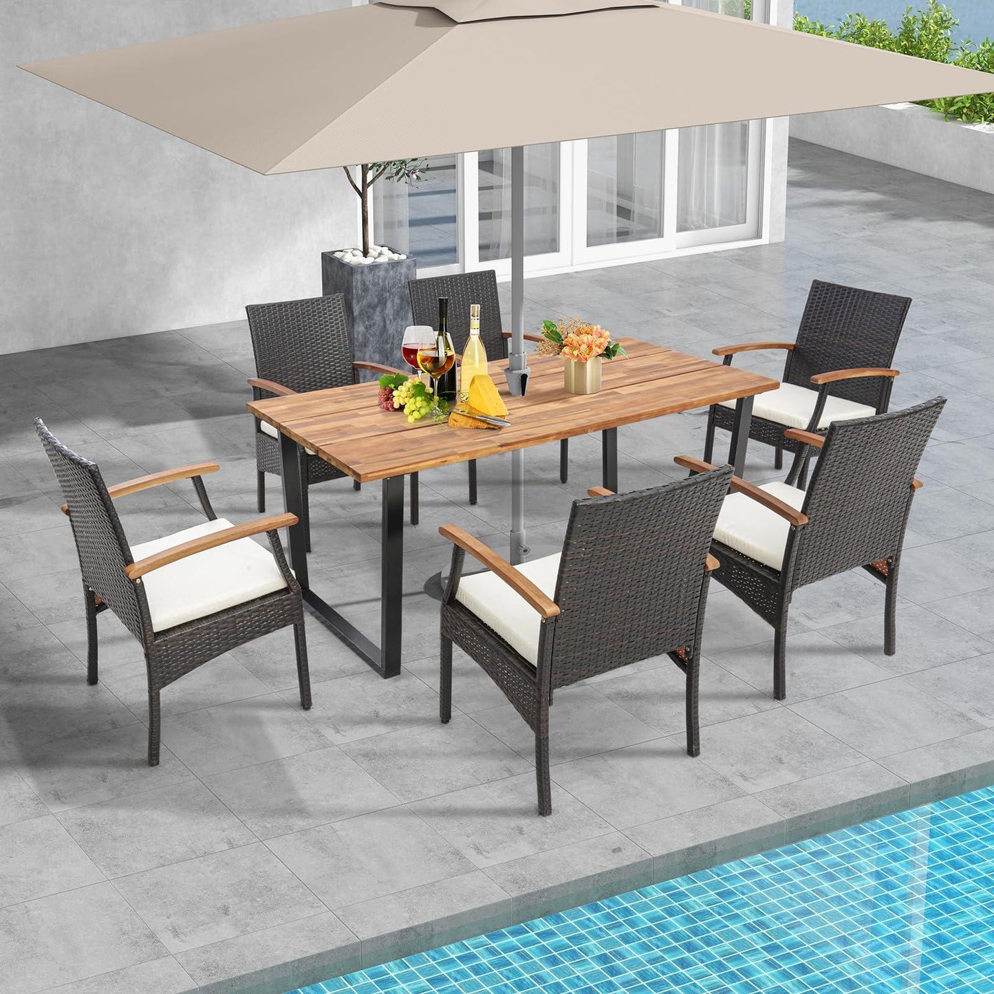 Tangkula Outdoor Dining Set for 6, Weather Resistant Heavy Duty 7 Pieces Patio Acacia Wood Table and Wicker Chairs with Umbrella Hole, Soft Padded Cushions, for Poolside, Backyard, Lawn (7 PCS) - CookCave
