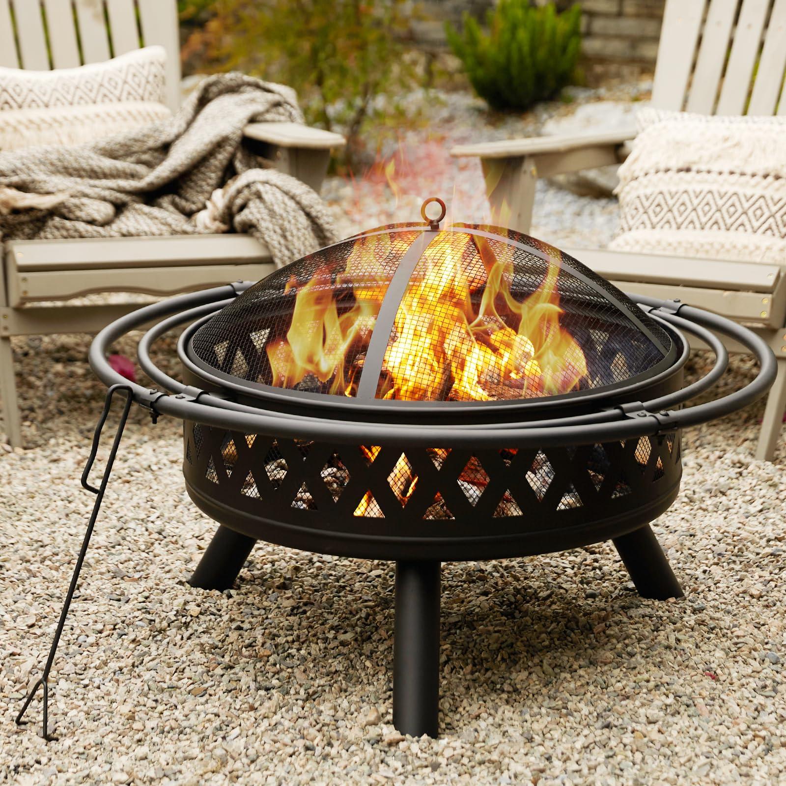 fissfire 35 Inch Fire Pit, Outdoor Wood Burning Fire Pit Crossweave with Spark Screen Fire Poker with 2 Loops, for Backyard Patio Garden Bonfire, Black - CookCave
