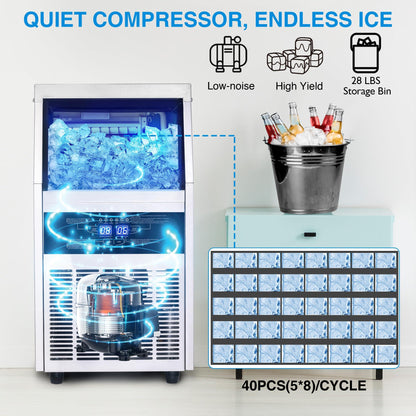 Zomagas Commercial Ice Maker Machine, 80-90LBS/24H Under Counter Ice Maker, Stainless Steel Freestanding Ice Machine with 28LBS Bin, Self-Cleaning, Scoop, Ideal for Home Bar Offices - CookCave