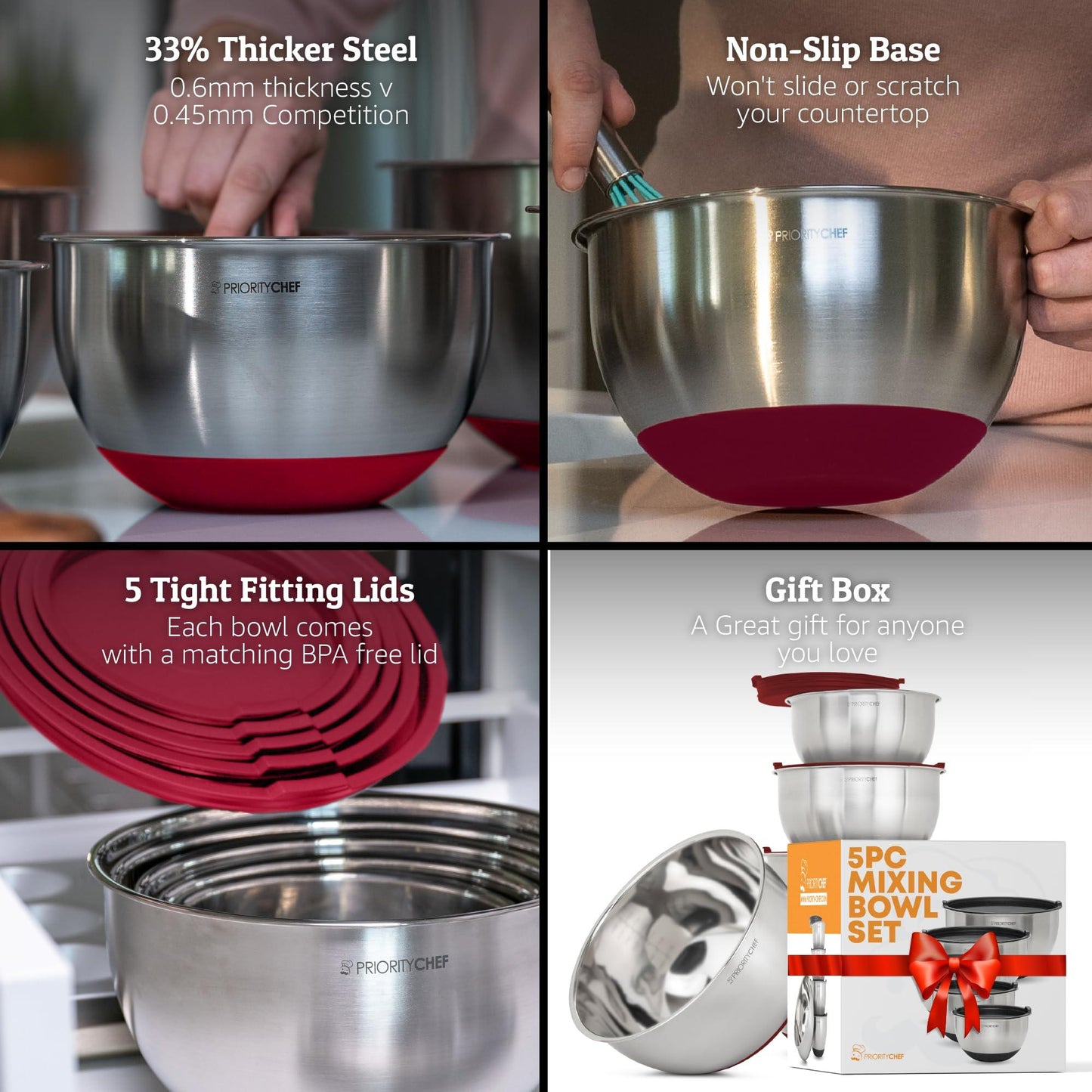 Priority Chef Premium Mixing Bowls With Airtight Lids Set, Thicker Stainless Steel Mixing Bowl Set, Large Prep Metal Bowls with Lids, Nesting Bowls for Kitchen, 1.5/2/3/4/5 Qrt, Red - CookCave