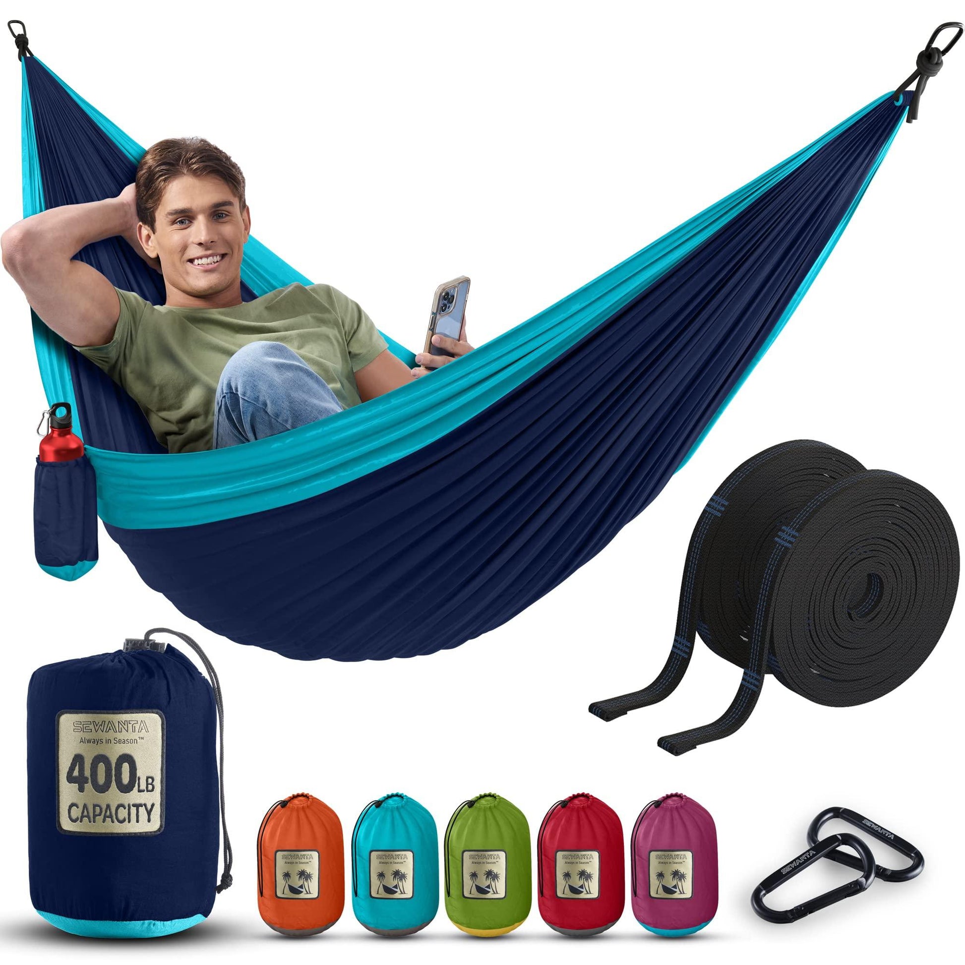 Durable Hammock 400 lb Capacity - Lightweight Nylon Camping Hammock Chair - Double or Single Sizes w/Tree Straps and Attached Carry Bag - Portable for Travel/Backpacking/ (Navy, Medium) - CookCave