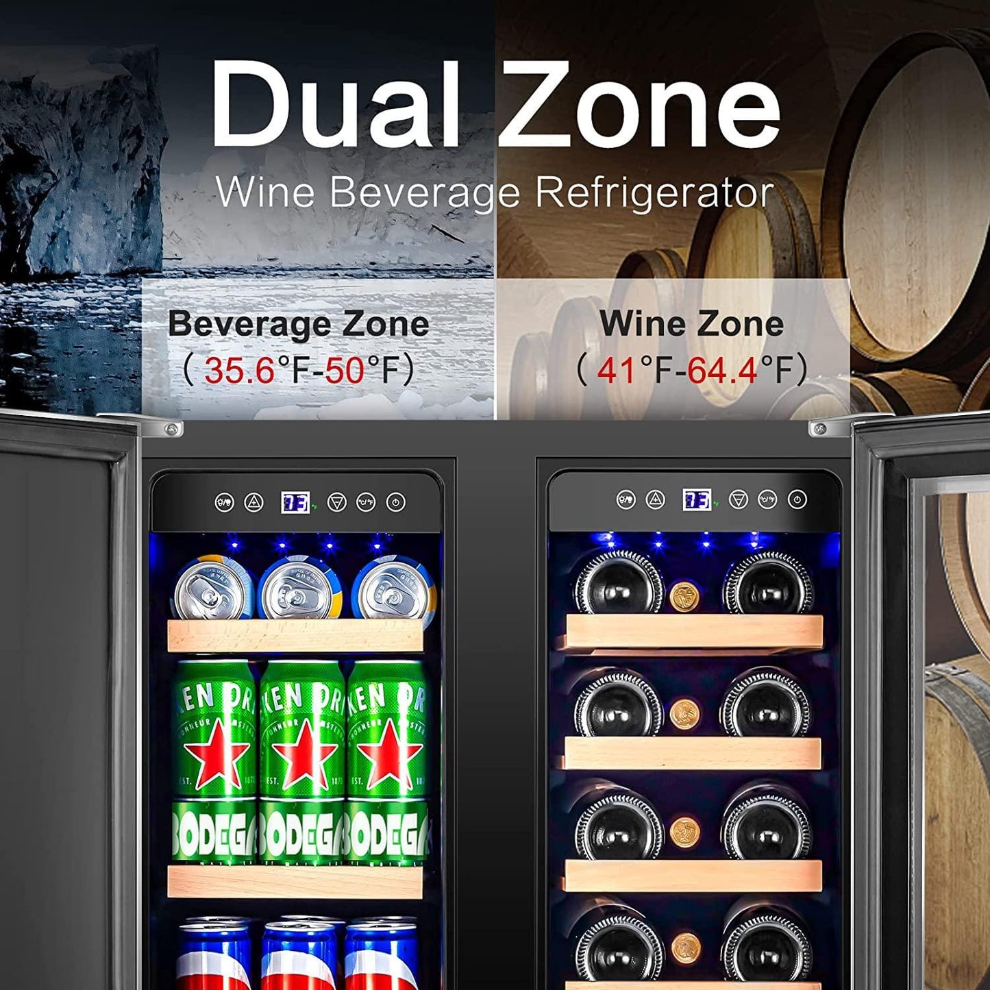 BODEGA 24 Inch Beverage and Wine Cooler, Built-in and Freestanding Wine Beverage Refrigerator Dual Zone, Holds 57 Cans and 18 Bottles, with Independent Temperature Control,Upgraded Compressor Quiet - CookCave