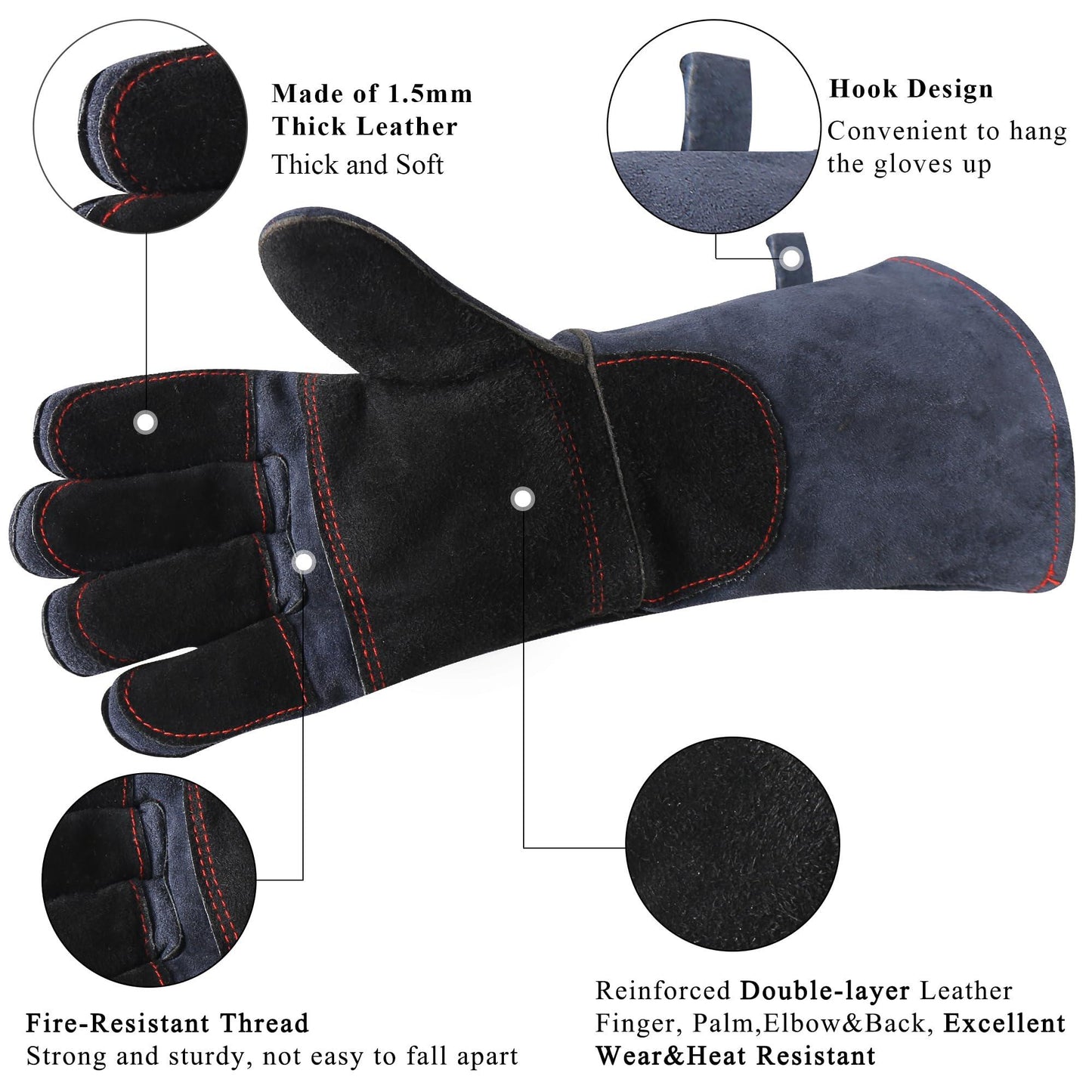 RAPICCA Fireplace Gloves Fire Heat Resistant: Dark-Grey 16IN 932℉ - Fireproof Leather for Fireplace Fire pit Wood stove Campfire Furnace BBQ Grill Stick Mig Welding Welder Gear - one size - CookCave