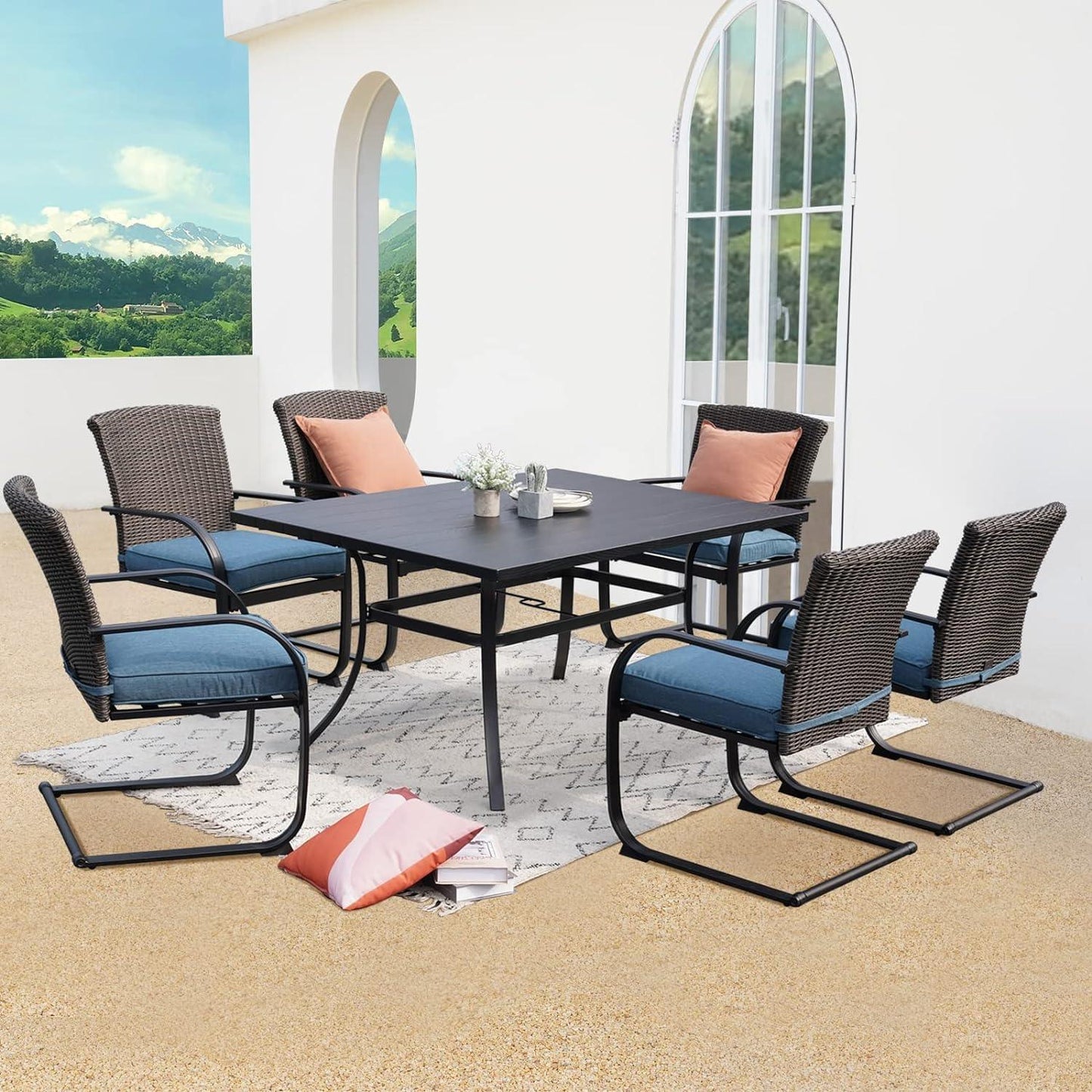 Grand patio Outdoor Dining Table Set of 7, Modern Woodgrain-Look Steel Table with Umbrellas Holes&C-Spring Motion Wicker Chairs for 6, Patio Furniture for Garden (Peacock Blue, Rectangular) - CookCave