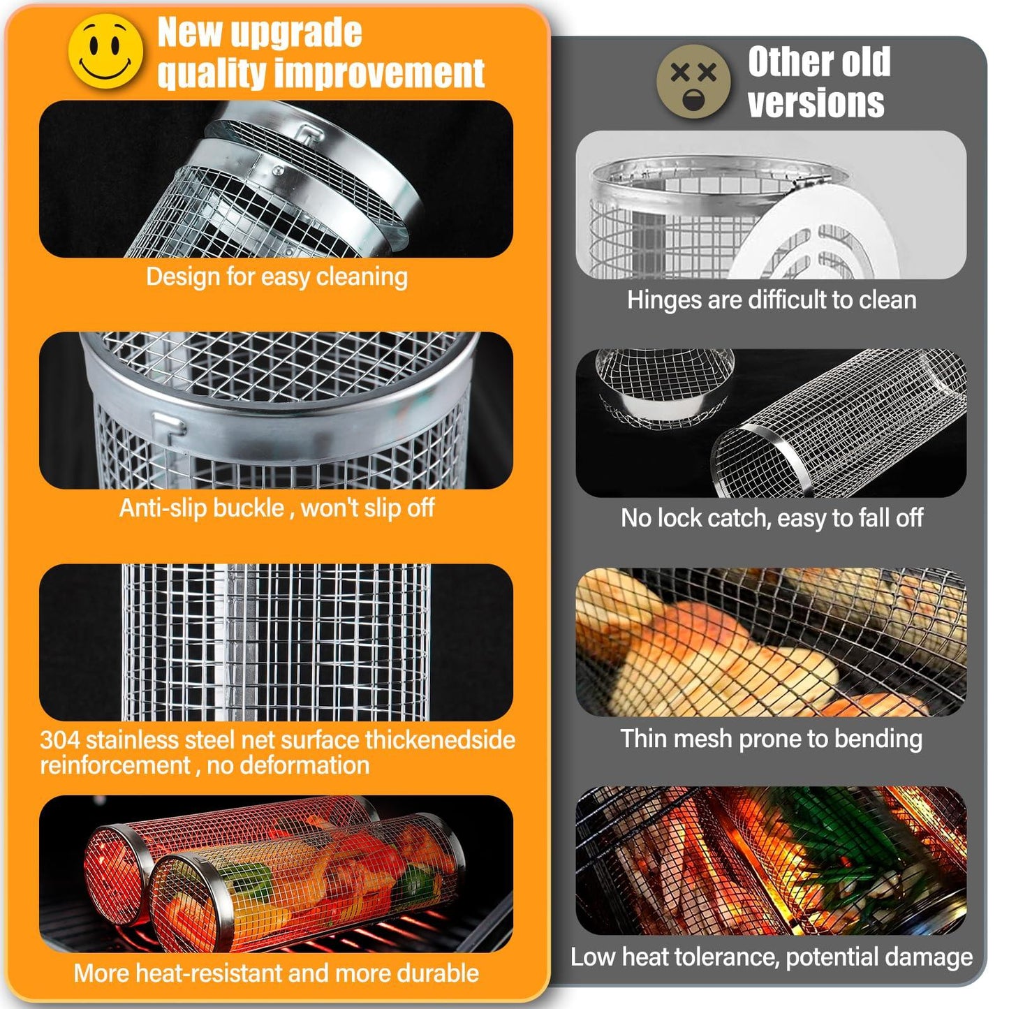 Everpeak Grill Basket Stainless Steel - Rolling Grilling Basket for Outdoor Grill - Large BBQ Tools Baskets for Grilling - Versatile and Convenient - Premium Food-grade Material - CookCave