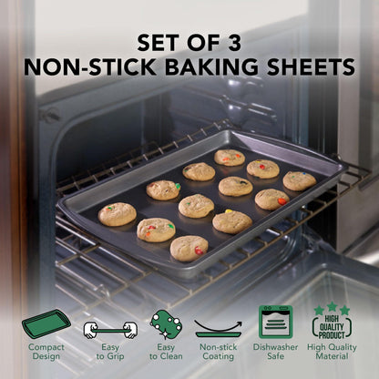 Nifty Cookie & Baking Sheets (Set of 3) – Non-Stick Coated Steel, Dishwasher Safe, Oven Safe up to 450 Degrees, includes Large/Med/Small Pans - CookCave