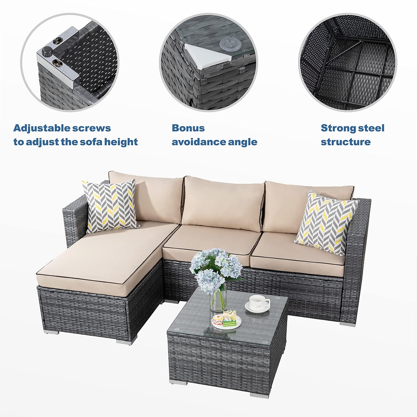 JAMFLY Outdoor Patio Furniture Sets, All-Weather Rattan Outdoor Sectional Sofa with Tea Table and Cushions Upgrade Wicker Patio sectional Sets 3-Piece (Khaki) - CookCave