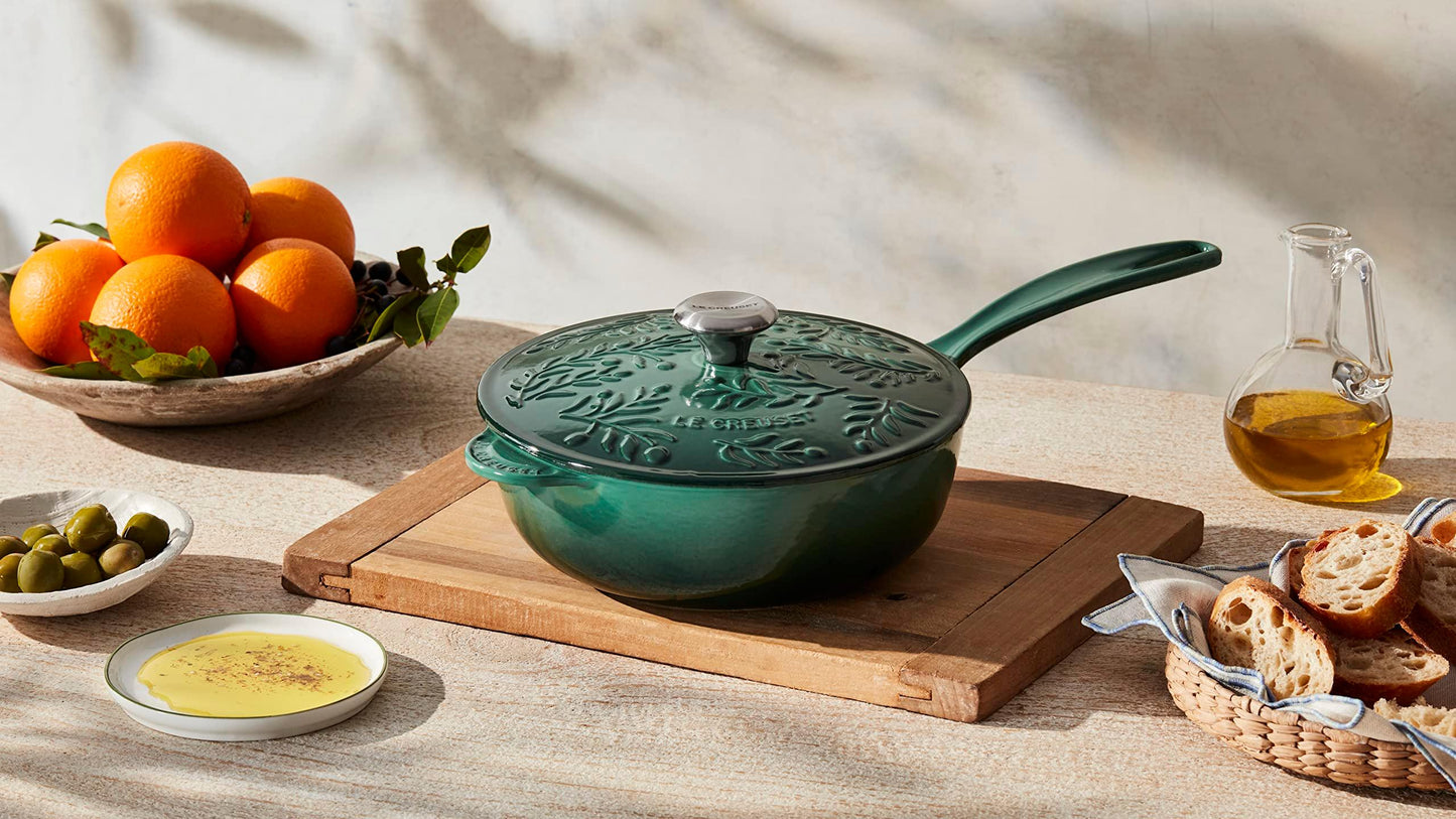 Le Creuset Olive Branch Collection Enameled Cast Iron Saucier, 2.25 qt., Marseille with Embossed Lid - CookCave