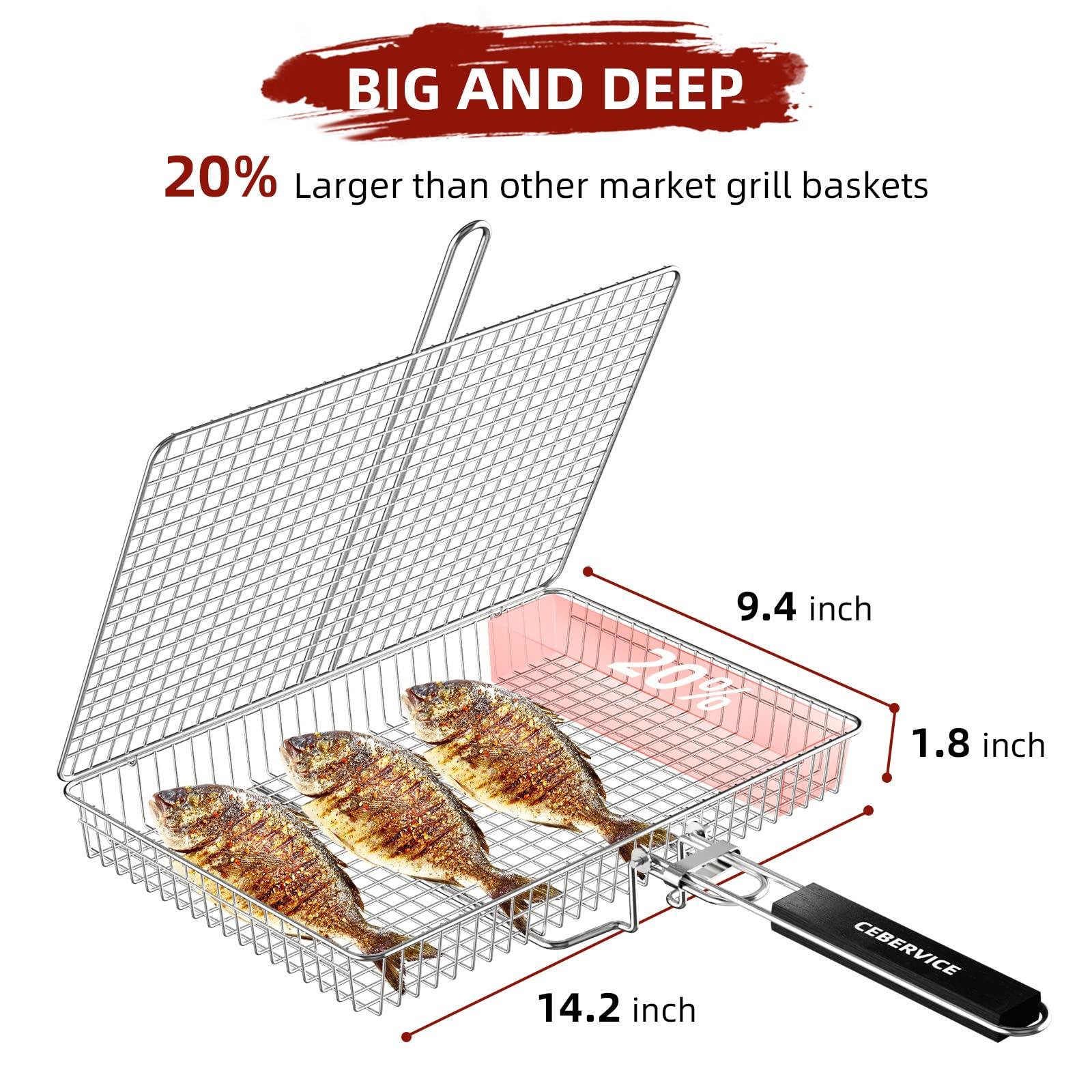 CEBERVICE Grill Basket Extra Large, SUS304 Stainless Steel, Portable Folding BBQ Camping Grilling Rack for Fish, Vegetables, Shrimp, Barbeque Griller Cooking Accessories, Grilling Gifts for Men, Dad - CookCave