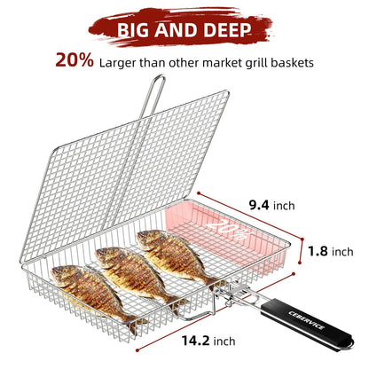 CEBERVICE Grill Basket Extra Large, SUS304 Stainless Steel, Portable Folding BBQ Camping Grilling Rack for Fish, Vegetables, Shrimp, Barbeque Griller Cooking Accessories, Grilling Gifts for Men, Dad - CookCave