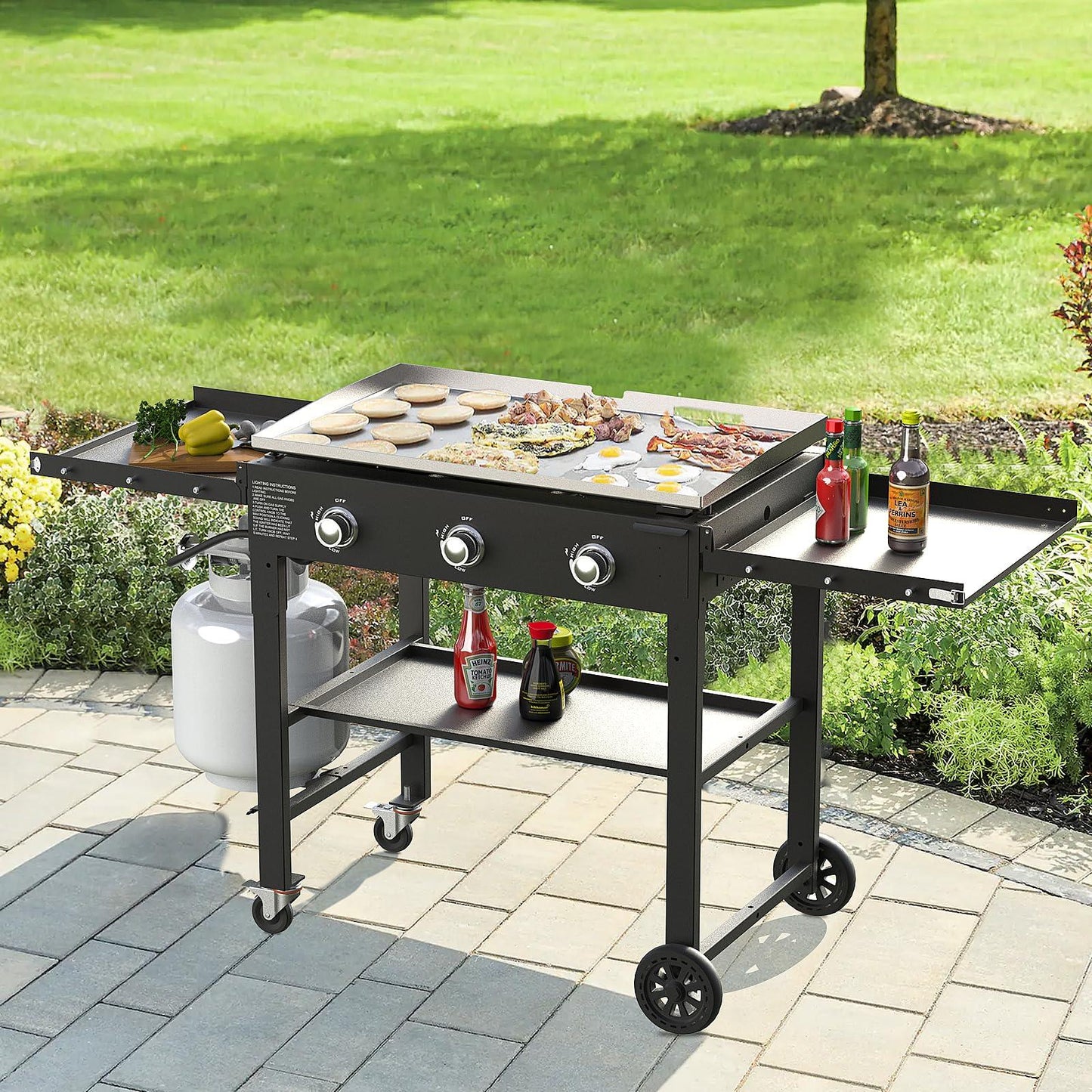 SKOK Foldable Gas Griddle-31.5 Inch Outdoor Propane Griddle, Portable Flat Top Gas Grill -45000 BTU Propane Fuelled, 3 Burners Table Top Griddle Station with Side Shelves - CookCave