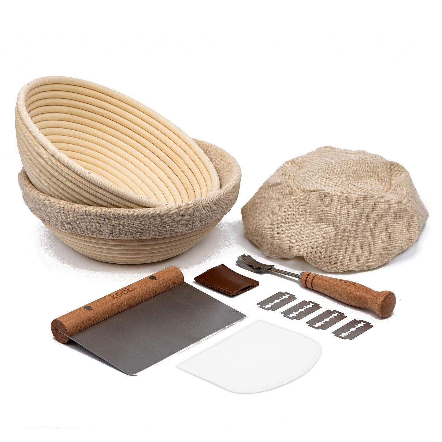 Proofing Set, by Kook, Sourdough Bread, 2 Rattan 9 Inch Banneton Baskets, 2 Basket Covers, Metal Scraper, Plastic Scraper, Scoring Lame, 5 Blades and Case, Baking Kit, Dough Bowls, Round Shape - CookCave