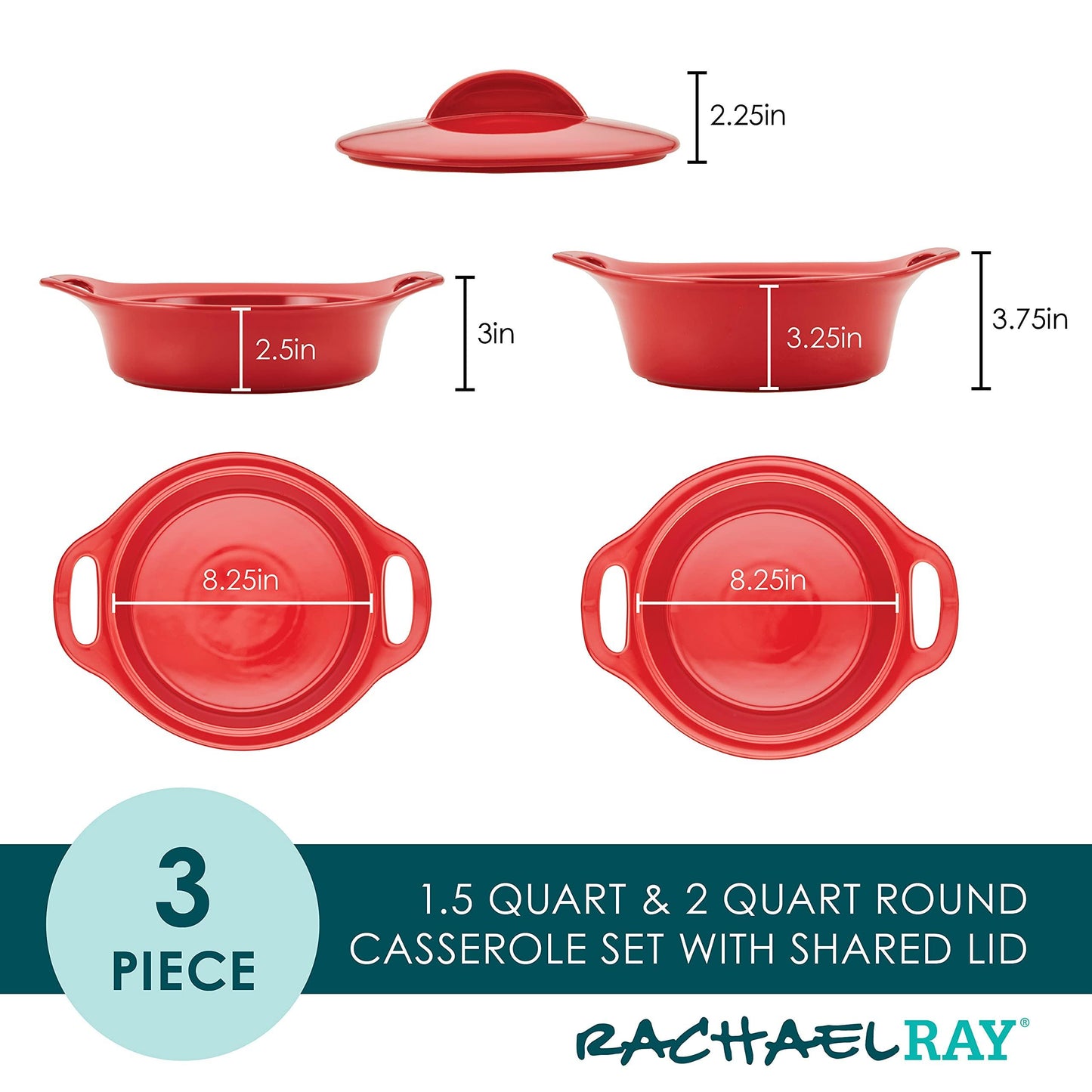 Rachael Ray Solid Glaze Ceramics Casserole Bakers/Baking Dish with Shared Lid Set, 3 Piece, Red - CookCave