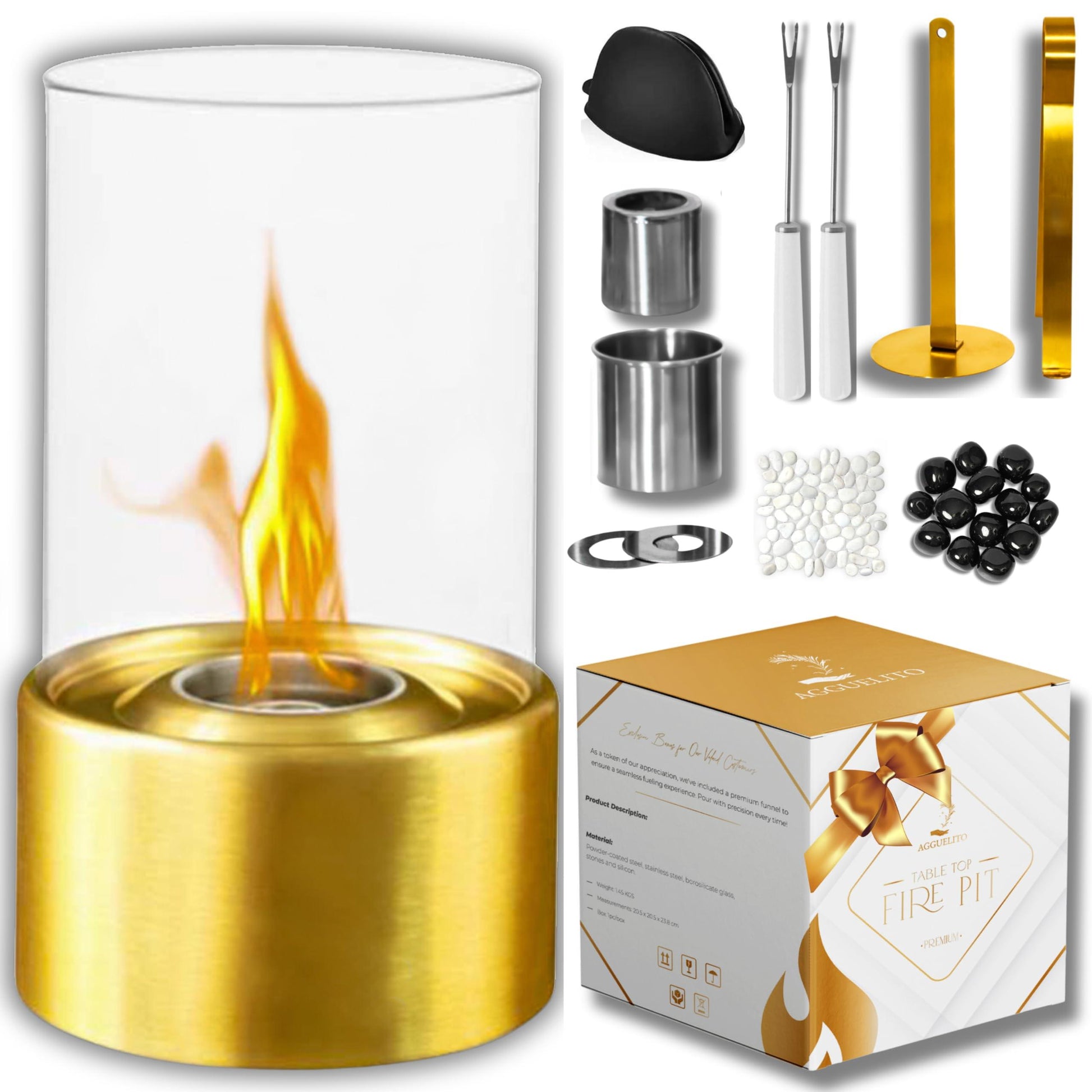 Gold Table top FirePit - Elegant Portable Tabletop Fireplace with Protective Glass & Bioethanol or Alcohol Burner - Perfect for Patio Decor & Housewarming Gifts - Tabletop firepit Indoor & Outdoor. - CookCave