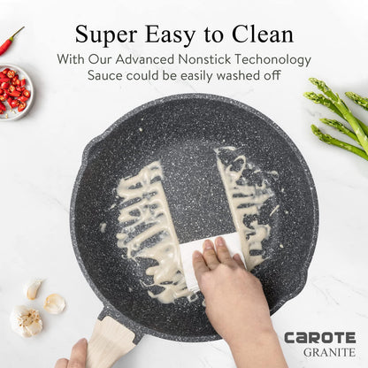 CAROTE 12Inch Nonstick Deep Frying Pan with Lid, 5.5 Qt Jumbo Cooker Saute Pan with Pour Spout, Skillet Induction Cookware, Non Stick Cooking Pan PFOA Free, Classic Granite - CookCave