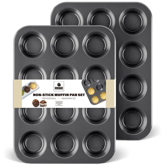 HONGBAKE Muffin Pan for Baking, Nonstick Cupcake Tin 12 Cup, 2 Pack Cup Cake Tray, Premium Cheesecake Pans, Dishwasher Safe - Dark Grey - CookCave