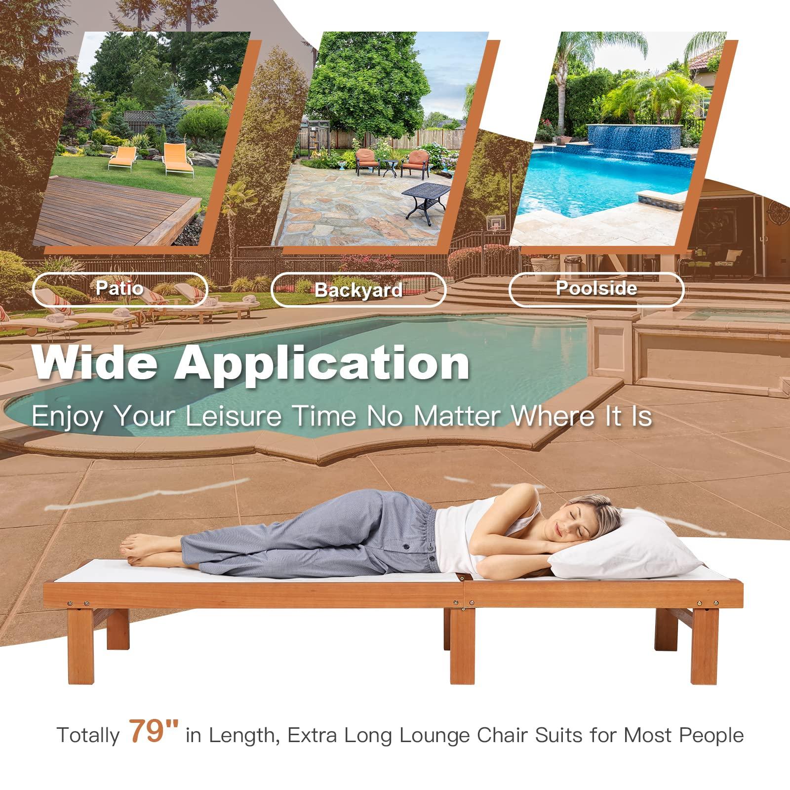 Tangkula Outdoor Wood Chaise Lounge Chair, Patio Chaise Lounger with 5-Postion Adjustable Back, Eucalyptus Wood Reclining Lounge Chair with Breathable Fabric for Poolside Lawn Backyard (1, White) - CookCave