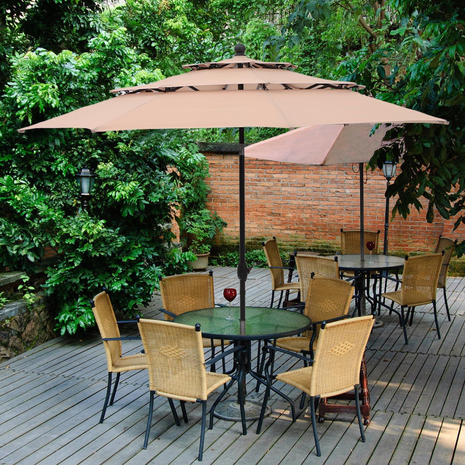 PHI VILLA 10ft 3 Tier Patio Umbrella, Outdoor Market Table Sun Shade Umbrellas for Backyard Deck Poolside, Auto-tilt, Beige - CookCave