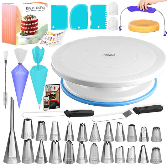 RFAQK 64 PCs Cake Decorating Kit for Beginners Includes Video Course, Booklet + Baking Supplies Gift - Cake Stand, Leveler, 24 Numbered Piping Tips, Straight & Offset Spatula, & Scraper sets - CookCave