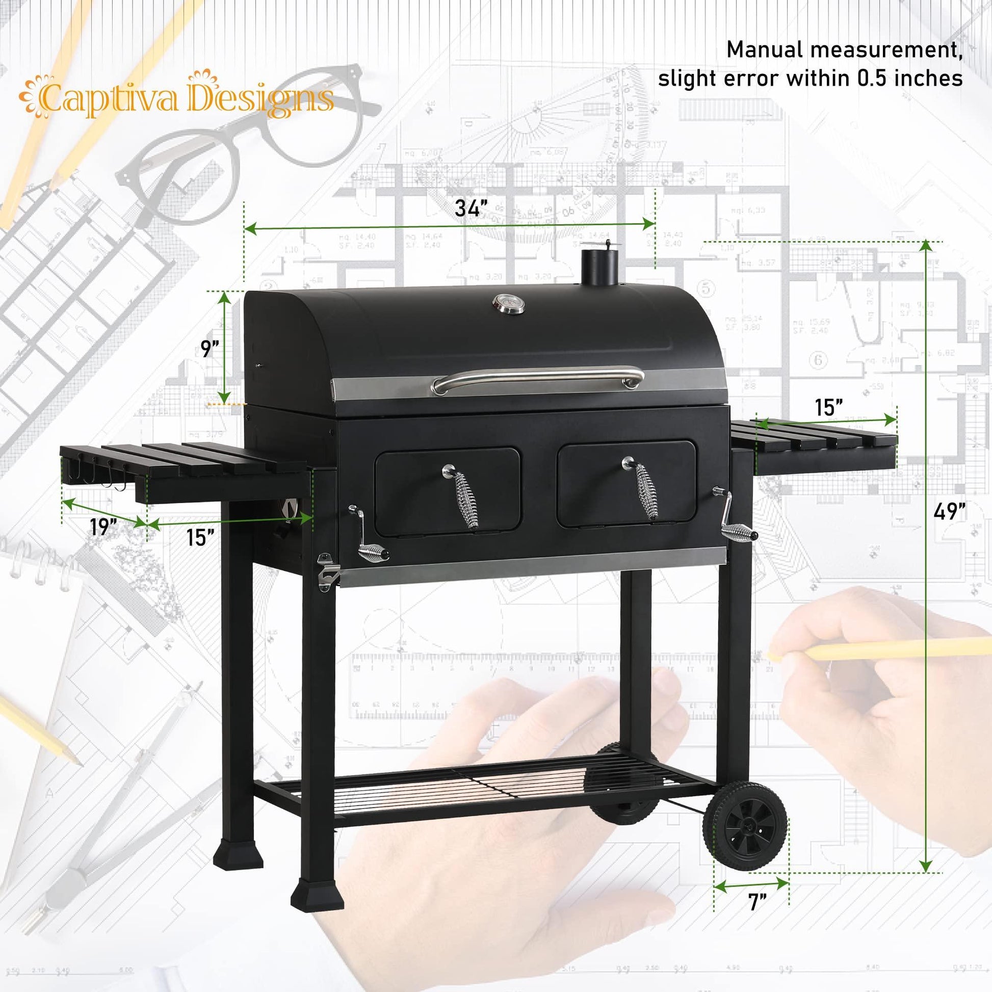 Captiva Designs Extra Large Charcoal BBQ Grill with Oversize Cooking Area(794 sq.in.), Outdoor Cooking Grill with 2 Individual Lifting Charcoal Trays and 2 Foldable Side Tables - CookCave