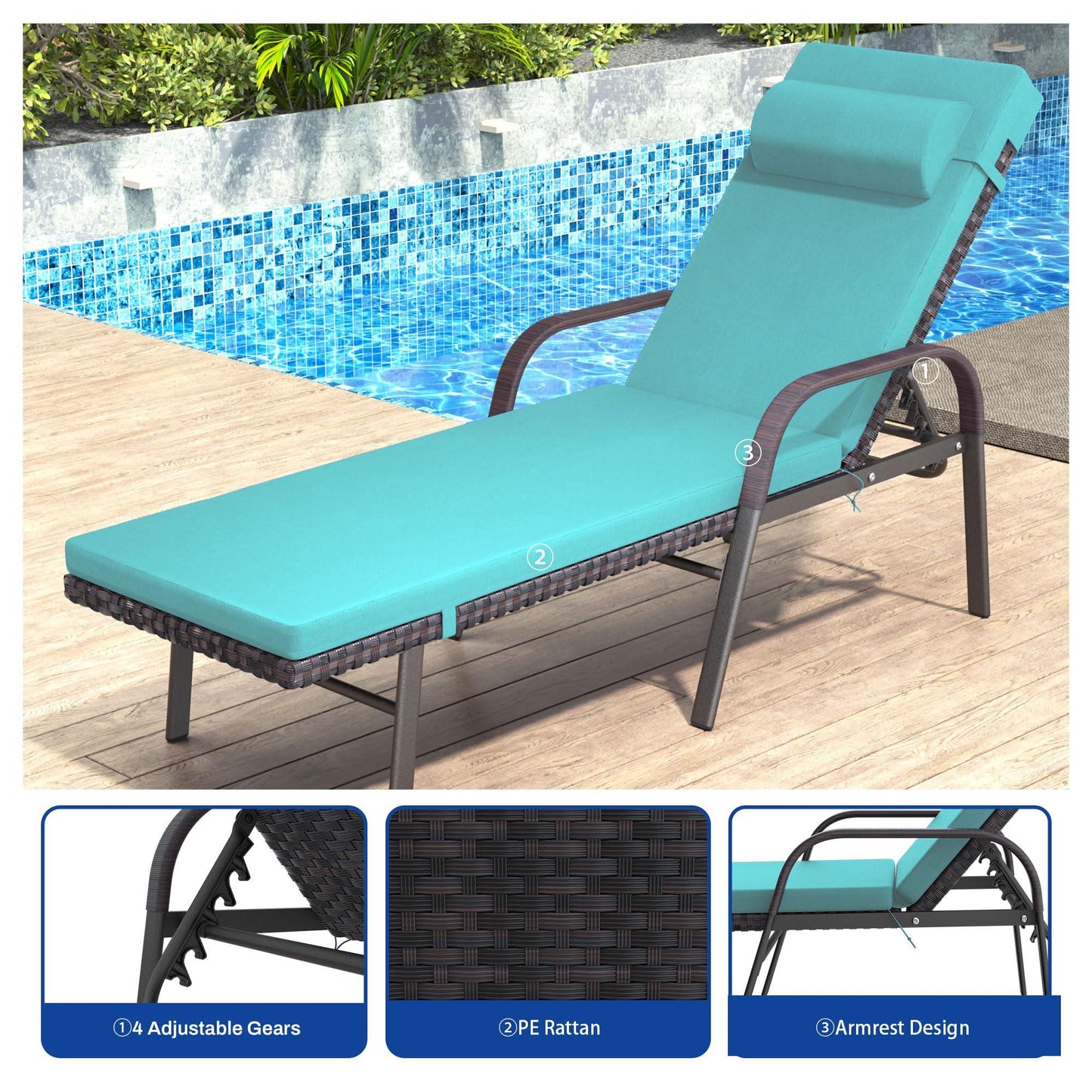 Trumbeak Lounge Chair 3 Pieces Chaise Lounge Chairs Set,Outdoor Folding Lounge Chairs with Rattan Adjustable Backrest Armrest and Folding Table for Beach Patio,GreenBlue - CookCave