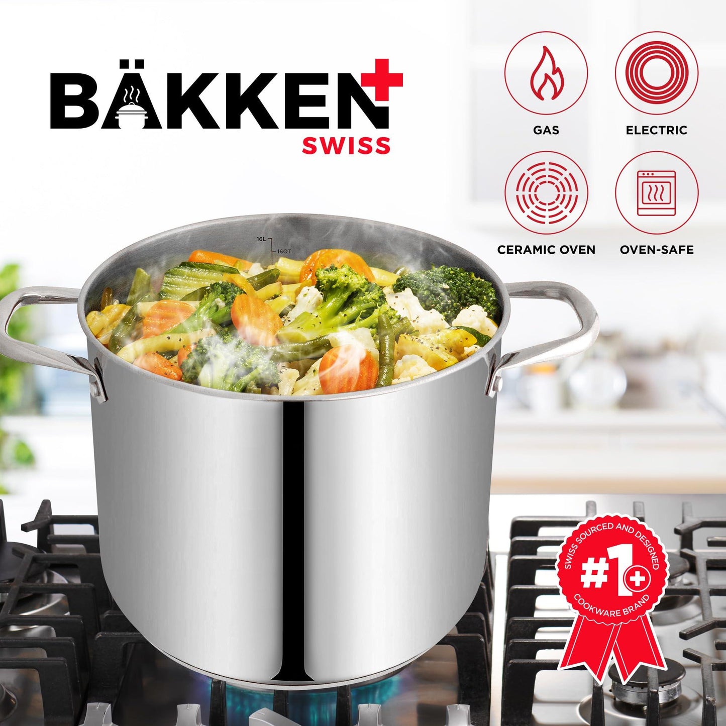 Bakken-Swiss Deluxe 16-Quart Stainless Steel Stockpot w/Tempered Glass See-Through Lid - Simmering Delicious Soups Stews & Induction Cooking - Exceptional Heat Distribution - Heavy-Duty & Food-Grade - CookCave