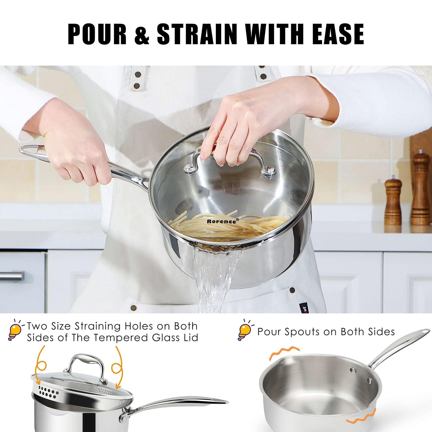 Rorence 3-Quart Saucepan with Lid: Pour and Strain Stainless Steel Sauce Pan with Pour Spouts, Capsule Bottom & Tempered Glass Lid - CookCave