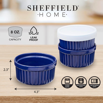 Sheffield Home Ramekin Set - Elevate Culinary Creations with 6 Round Ceramic Bowls (8oz), Oven-Safe Cups for Pudding, Creme Brulee, Souffle. Includes Silicone Lids, Dishwasher & Microwave Safe - Blue - CookCave