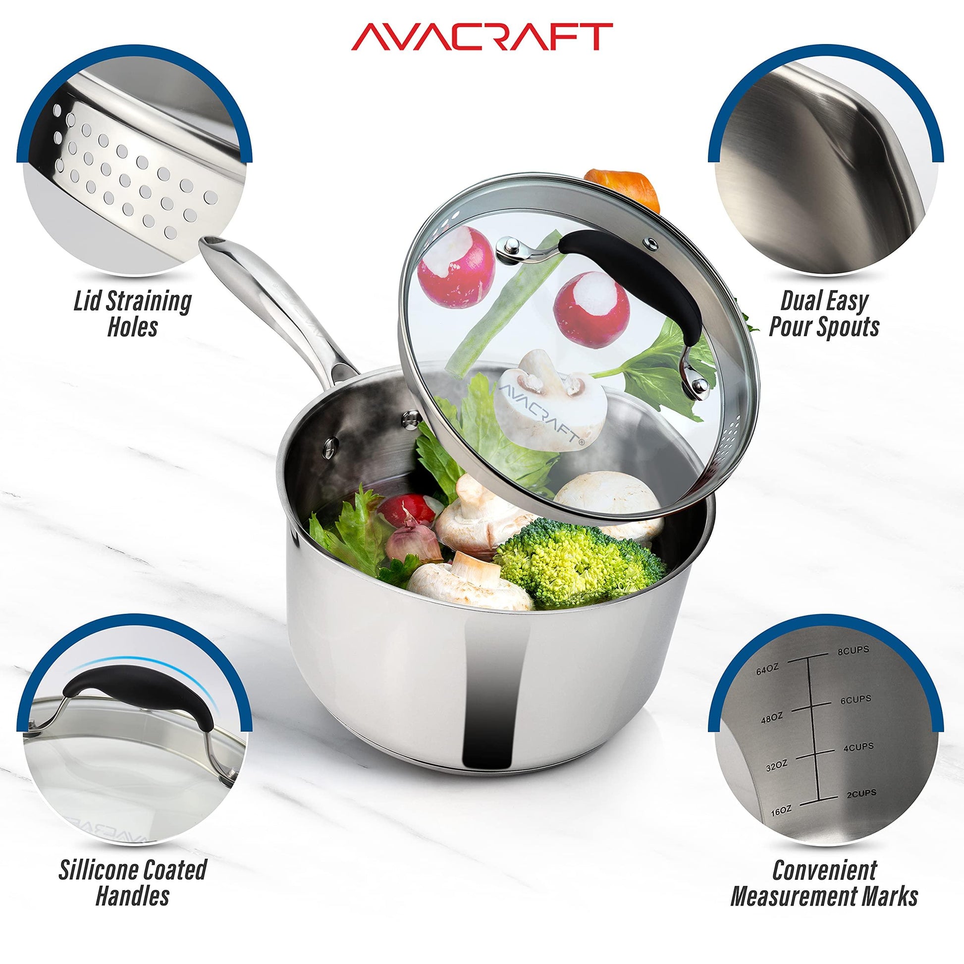 AVACRAFT Stainless Steel Saucepan with Glass Strainer Lid, Two Side Spouts for Easy Pour with Ergonomic Handle, Multipurpose Sauce Pot (Tri-Ply Capsule Bottom, 2.5 Quart) - CookCave