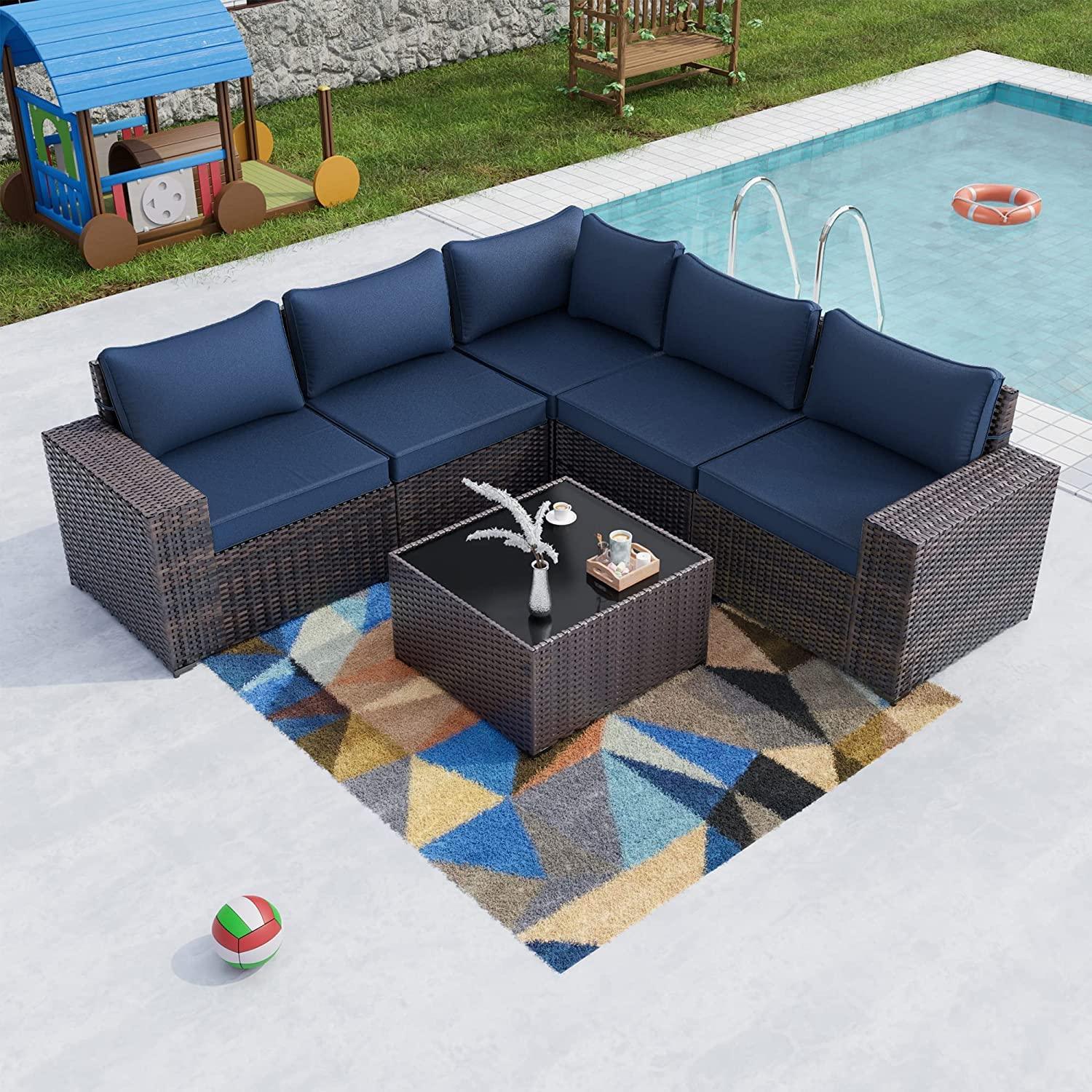 Kullavik Outdoor Patio Furniture Set 6 Pieces Sectional Rattan Sofa Set Brown PE Rattan Wicker Patio Conversation Set with 5 Navy Blue Seat Cushions and 1 Tempered Glass Table - CookCave