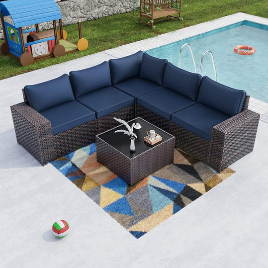 Kullavik Outdoor Patio Furniture Set 6 Pieces Sectional Rattan Sofa Set Brown PE Rattan Wicker Patio Conversation Set with 5 Navy Blue Seat Cushions and 1 Tempered Glass Table - CookCave