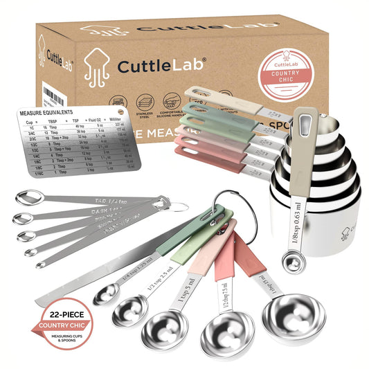 CuttleLab 22-Piece Stainless Steel Measuring Cups and Spoons Set, Tad Dash Pinch Smidgen Drop Mini Measuring Spoons, Measuring Stick Leveler, Measurement Conversion Chart Fridge Magnet, (Country Chic) - CookCave